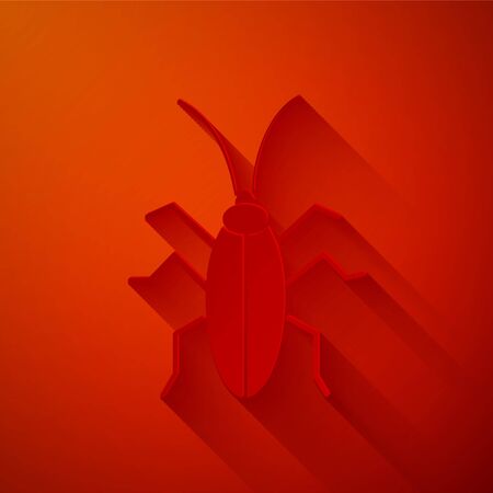 Paper cut Cockroach icon isolated on red background. Paper art style. Vector Illustrationのイラスト素材