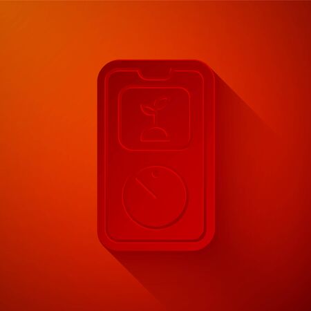 Paper cut Smart farming technology - timer farm automation system in app icon isolated on red background. Paper art style. Vector Illustrationのイラスト素材