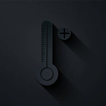 Paper cut Medical digital thermometer for medical examination icon isolated on black background. Paper art style. Vector Illustrationのイラスト素材