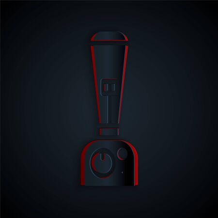 Paper cut Blender icon isolated on black background. Kitchen electric stationary blender with bowl. Cooking smoothies, cocktail or juice. Paper art style. Vector Illustrationのイラスト素材