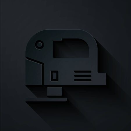 Paper cut Electric jigsaw with steel sharp blade icon isolated on black background. Power tool for woodwork. Paper art style. Vector Illustrationのイラスト素材