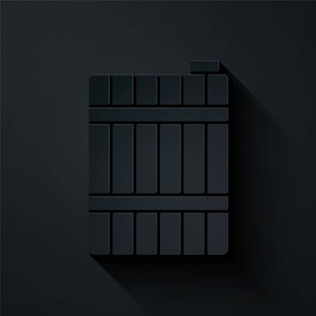 Paper cut Wooden barrel icon isolated on black background. Alcohol barrel, drink container, wooden keg for beer, whiskey, wine. Paper art style. Vector Illustrationのイラスト素材