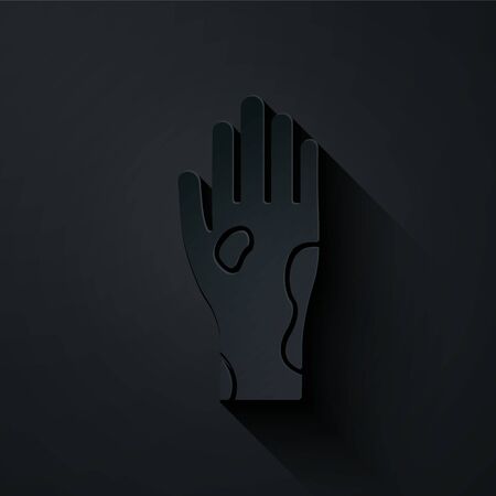 Paper cut Hand with psoriasis or eczema icon isolated on black background. Concept of human skin response to allergen or chronic body problem. Paper art style. Vector Illustrationのイラスト素材