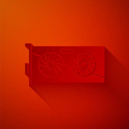 Paper cut Video graphic card icon isolated on red background. Paper art style. Vector Illustrationのイラスト素材