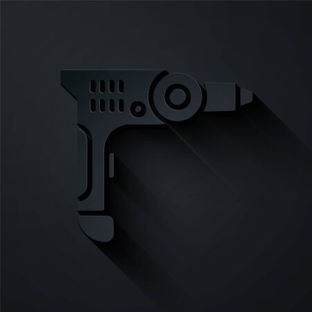 Paper cut Electric drill machine icon isolated on black background. Repair tool. Paper art style. Vector Illustrationのイラスト素材