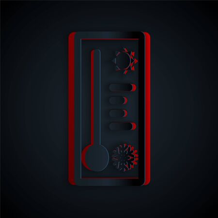 Paper cut Meteorology thermometer measuring heat and cold icon isolated on black background. Thermometer equipment showing hot or cold weather. Paper art style. Vector Illustrationのイラスト素材