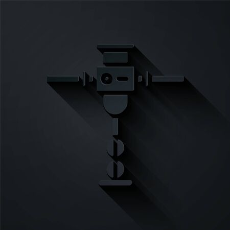 Paper cut Construction jackhammer icon isolated on black background. Paper art style. Vector Illustrationのイラスト素材