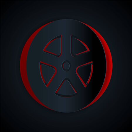 Paper cut Car wheel icon isolated on black background. Paper art style. Vector Illustrationのイラスト素材