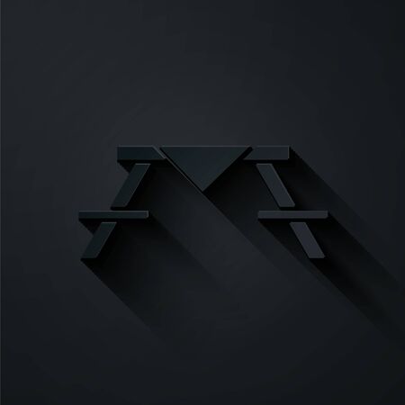 Paper cut Picnic table with benches on either side of the table icon isolated on black background. Paper art style. Vector Illustrationのイラスト素材