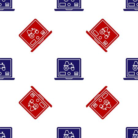 Blue and red Laptop application for control a autonomous tractor on a smart farm icon isolated seamless pattern on white background. Smart agriculture implement. Vector Illustrationのイラスト素材