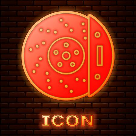 Glowing neon Car brake disk with caliper icon isolated on brick wall background. Vector Illustrationのイラスト素材