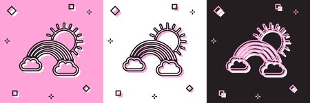 Set Rainbow with clouds and sun icon isolated on pink and white, black background. Vector Illustrationのイラスト素材