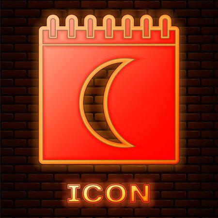 Glowing neon Moon phases calendar icon isolated on brick wall background. Vector Illustrationのイラスト素材
