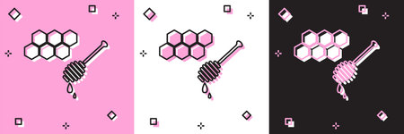 Set Honeycomb with honey dipper stickicon isolated on pink and white, black background. Honey ladle....