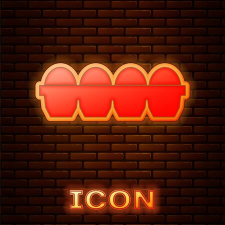 Glowing neon Chicken egg in box icon isolated on brick wall background. Vector Illustrationのイラスト素材