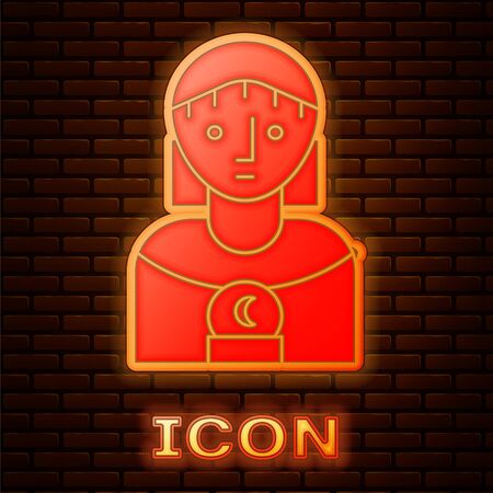 Glowing neon Astrology woman icon isolated on brick wall background. Vector Illustrationのイラスト素材