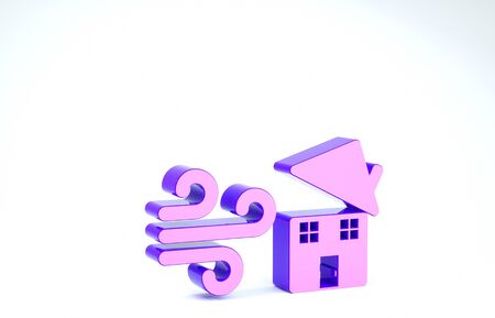Purple Tornado swirl damages house roof icon isolated on white background. Cyclone, whirlwind, storm funnel, hurricane wind icon. 3d illustration 3D renderの写真素材