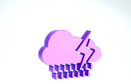 Purple Cloud with rain and lightning icon isolated on white background. Rain cloud precipitation with rain drops.Weather icon of storm. 3d illustration 3D renderの写真素材