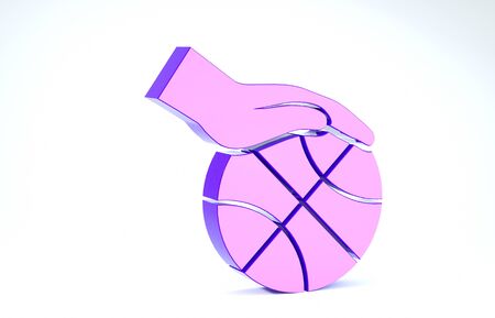 Purple Hand with basketball ball icon isolated on white background. Sport symbol. 3d illustration 3D renderの写真素材