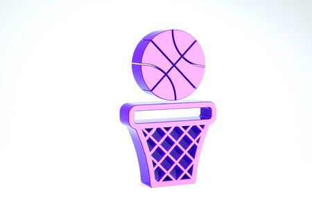 Purple Basketball ball and basket icon isolated on white background. Ball in basketball hoop. 3d illustration 3D renderの写真素材