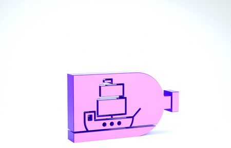 Purple Glass bottle with ship inside icon isolated on white background. Miniature model of marine vessel. Hobby and sea theme. 3d illustration 3D renderの写真素材