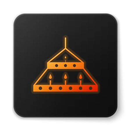Orange glowing neon Massive steel chandelier with candles in medieval icon isolated on white background. Black square button. Vector Illustrationのイラスト素材