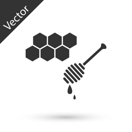 Grey Honeycomb with honey dipper stickicon isolated on white background. Honey ladle. Honey cells symbol. Sweet natural food. Vector Illustrationのイラスト素材