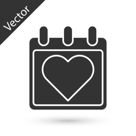 Grey Calendar with heart icon isolated on white background. Valentines day. Love symbol. February 14. Vector Illustrationのイラスト素材