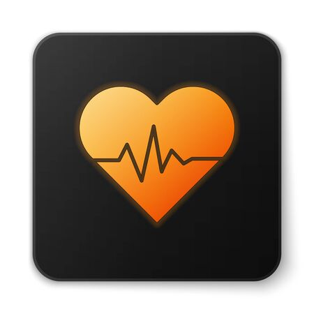 Orange glowing neon Heart rate icon isolated on white background. Heartbeat sign. Heart pulse icon. Cardiogram icon. Black square button. Vector Illustrationのイラスト素材