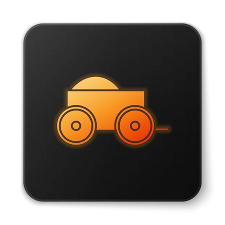 Orange glowing neon Wooden four-wheel cart with hay icon isolated on white background. Black square button. Vector Illustrationのイラスト素材