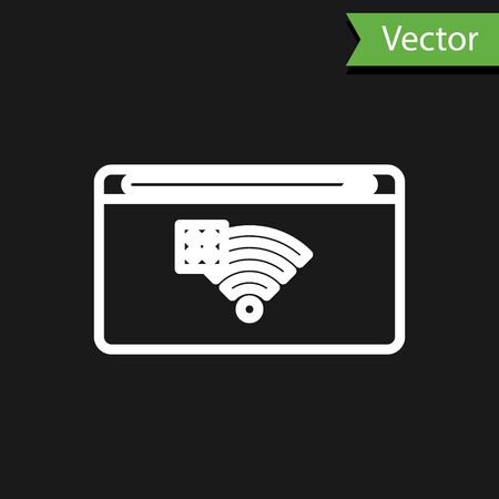 White line No Internet connection icon isolated on black background. No wireless sign for remote internet access. Vector Illustrationのイラスト素材