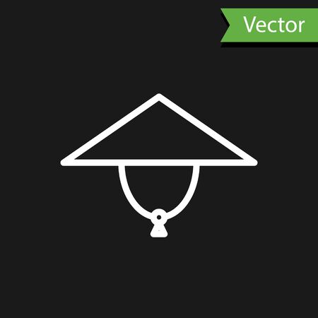 White line Asian conical hat icon isolated on black background. Chinese conical straw hat. Vector Illustrationのイラスト素材