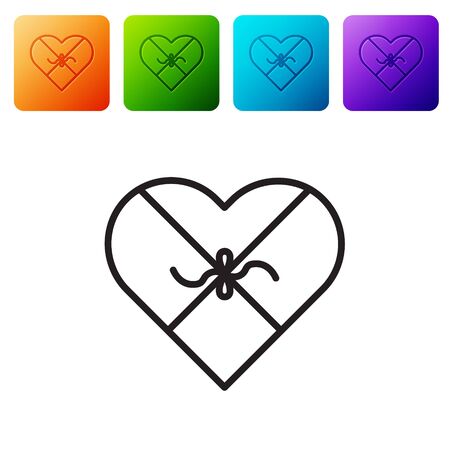Black line Candy in heart shaped box and bow icon isolated on white background. Valentines Day. Set icons in color square buttons. Vector Illustrationのイラスト素材