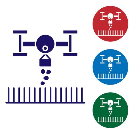 Blue Smart farm with drone control for seed planting icon isolated on white background. Innovation technology for agricultural company. Set color icons in circle buttons. Vector Illustrationのイラスト素材