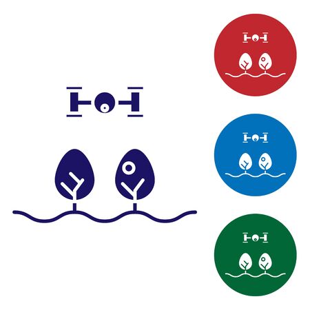 Blue Smart farm with drone control and tree icon isolated on white background. Innovation technology for agricultural company. Set color icons in circle buttons. Vector Illustrationのイラスト素材