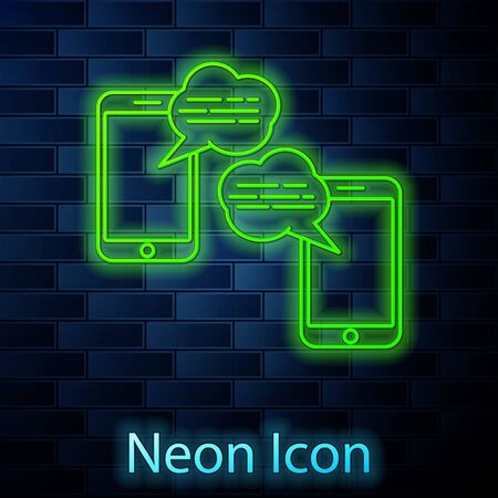 Glowing neon line New chat messages notification on phone icon isolated on brick wall background. Smartphone chatting sms messages speech bubbles. Vector Illustrationのイラスト素材