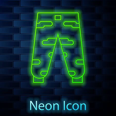 Glowing neon line Camouflage cargo pants icon isolated on brick wall background. Vector Illustrationのイラスト素材