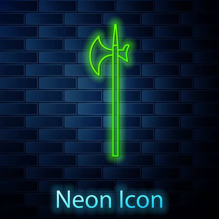 Glowing neon line Medieval halberd icon isolated on brick wall background. Medieval weapon. Vector Illustrationのイラスト素材