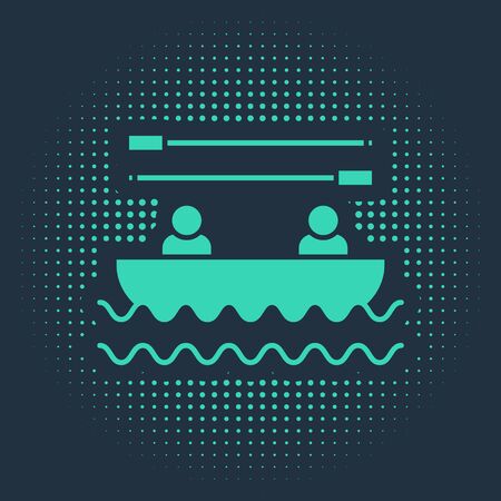 Green Boat with oars and people icon isolated on blue background. Water sports, extreme sports, holiday, vacation, team building. Abstract circle random dots. Vector Illustrationのイラスト素材
