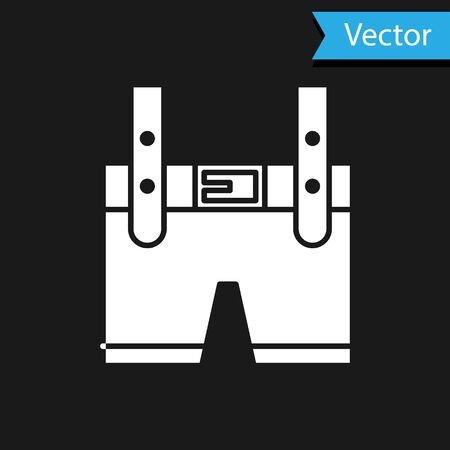 White Lederhosen icon isolated on black background. Traditional bavarian clothing. Oktoberfest outfit. Pants with suspenders. Patrick day.  Vector Illustrationのイラスト素材