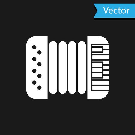 White Musical instrument accordion icon isolated on black background. Classical bayan, harmonic. Vector Illustrationのイラスト素材