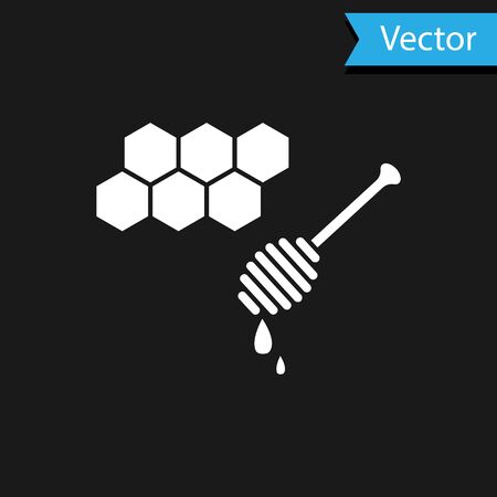 White Honeycomb with honey dipper stickicon isolated on black background. Honey ladle. Honey cells symbol. Sweet natural food. Vector Illustrationのイラスト素材