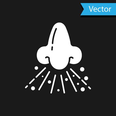 White Runny nose icon isolated on black background. Rhinitis symptoms, treatment. Nose and sneezing. Nasal diseases. Vector Illustrationのイラスト素材