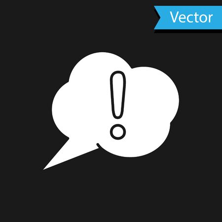 White Speech bubble and Exclamation icon isolated on black background. FAQ sign. Copy files, chat speech bubble and chart. Vector Illustrationのイラスト素材