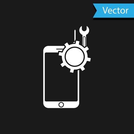 White Mobile phone with screwdriver and wrench icon isolated on black background. Adjusting, service, setting, maintenance, repair. Vector Illustrationのイラスト素材