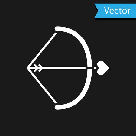 White Bow and arrow icon isolated on black background. Cupid symbol. Love sign. Valentines day concept. Vector Illustrationのイラスト素材