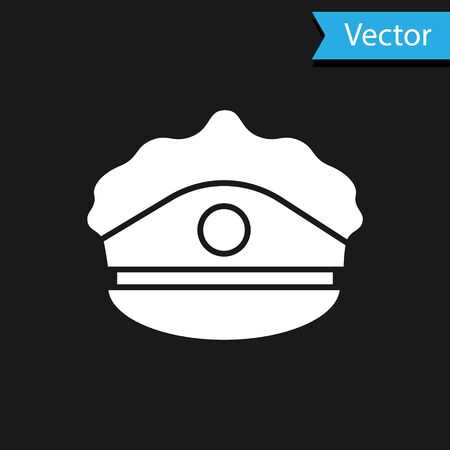 White Police cap with cockade icon isolated on black background. Police hat sign. Vector Illustrationのイラスト素材