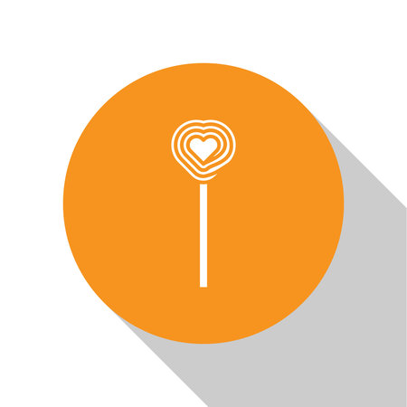 White Lollipop icon isolated on white background. Candy sign. Food, delicious symbol. Valentines day. Love symbol. Orange circle button. Vector Illustrationのイラスト素材