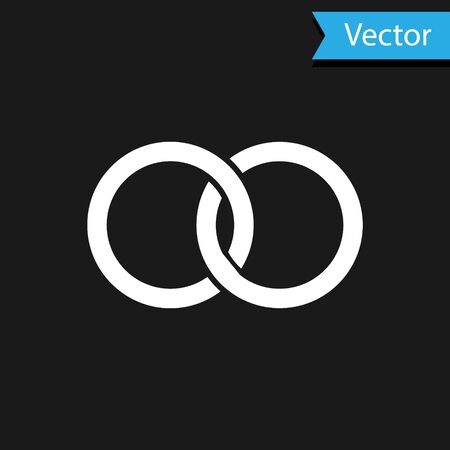 White Wedding rings icon isolated on black background. Bride and groom jewelery sign. Marriage icon. Diamond ring icon. Vector Illustrationのイラスト素材