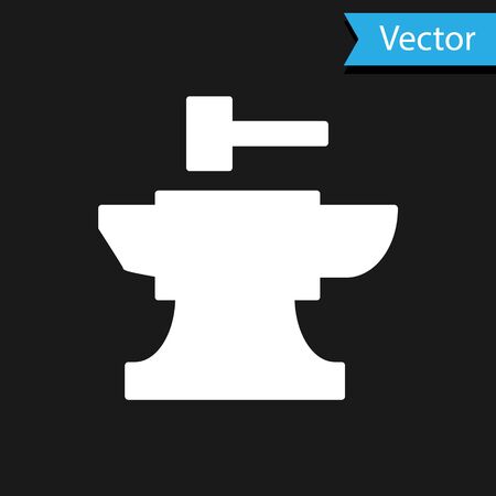 White Anvil for blacksmithing and hammer icon isolated on black background. Metal forging. Forge tool. Vector Illustrationのイラスト素材